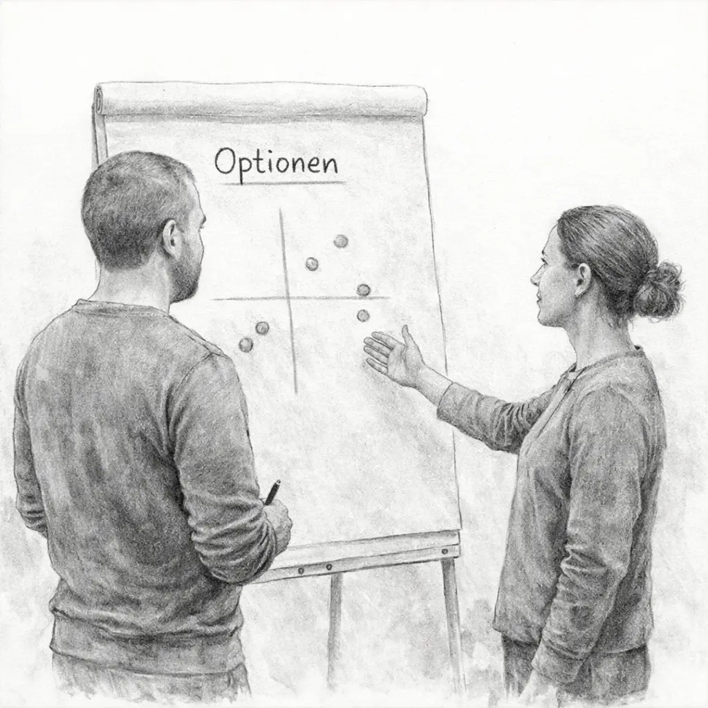Coaching-Szene: Gemeinsame Reflexion am Flipchart